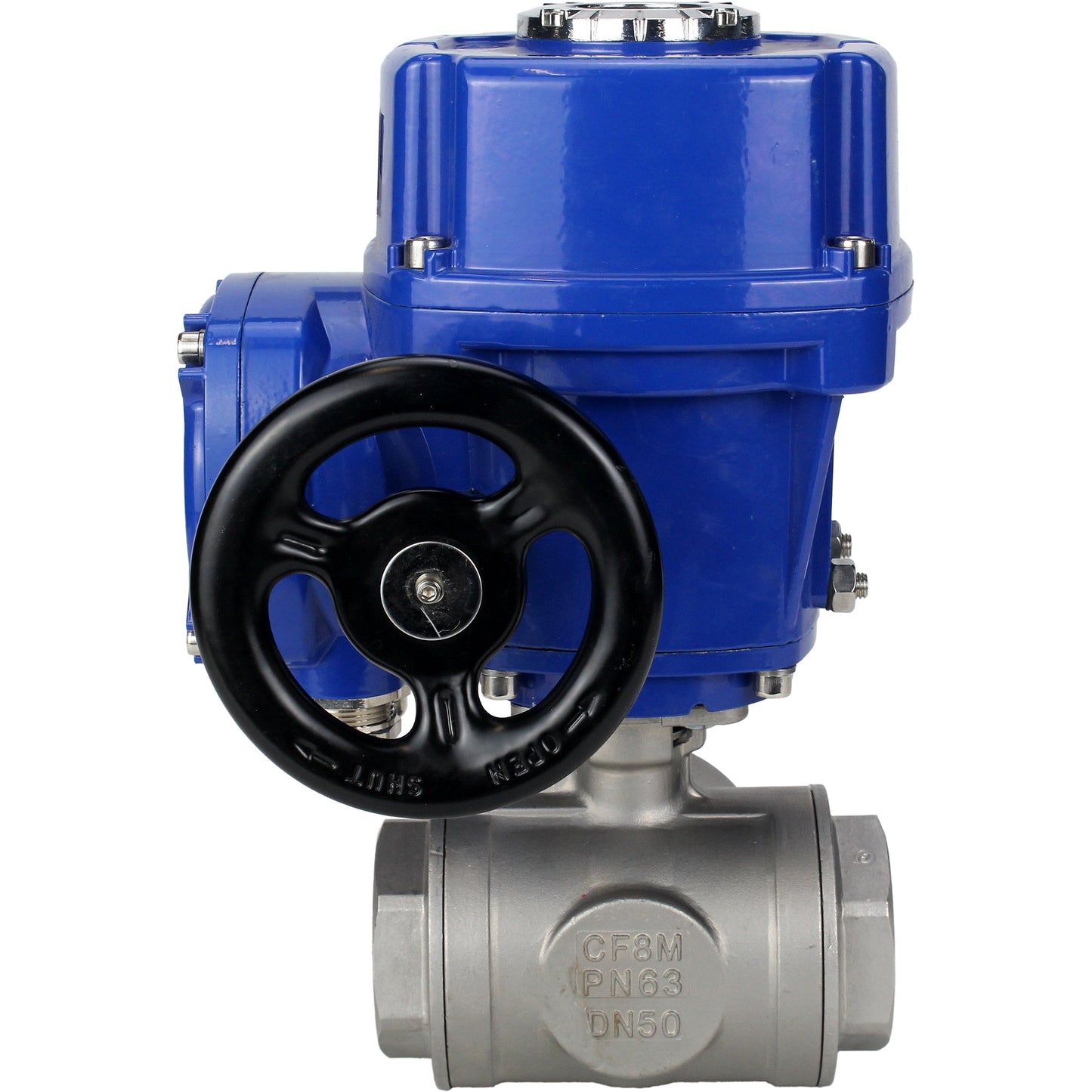 Stainless steel ball valve DNOVA RP.SS316.200.MM.ISO 914 PSI threaded, standard port, three way, L-type, body material - stainless steel AISI 316, with quater-turn electric actuator DNOVA QT-W (M) 380V