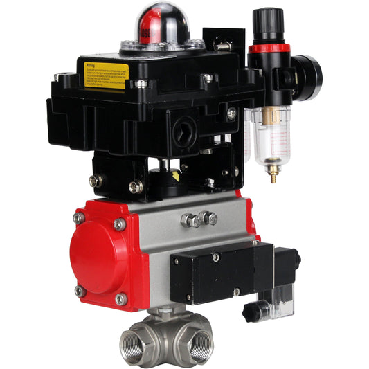 Válvulas de bola de 3 vías en acero inoxidable tipo L paso estándar DNOVA BV3232P-SP-3WL-T-ISO PA-SA 16 bar, acoplamiento con brida ISO con actuadores neumáticos DNOVA PA-SA, distribuidor neumático 4M310-08 220V, LSU APL-410N EX y GSV AFC2000