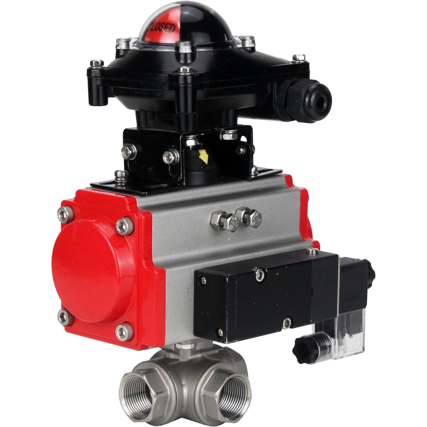 Stainless steel ball valve DNOVA 3h-l-rpss316200mm-iso-pnevpr-da-rasp-110/220v-lsu, body material - stainless steel AISI 316, ball material - stainless steel AISI 316, seal - PTFE, pneumatic actuator operated