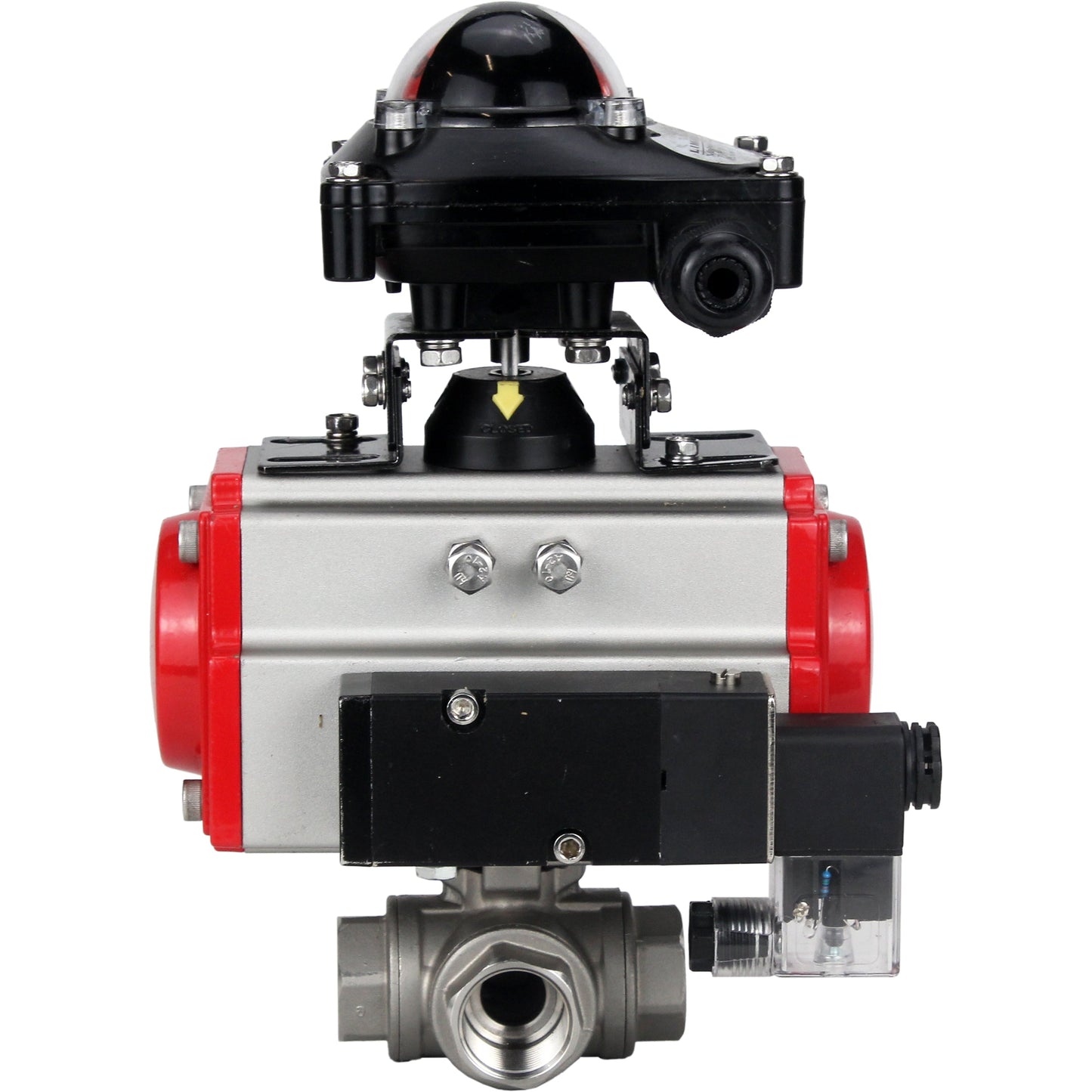 Stainless steel ball valve DNOVA 3h-l-rpss316200mm-iso-pnevpr-da-rasp-24v-lsu, body material - stainless steel AISI 316, ball material - stainless steel AISI 316, seal - PTFE, pneumatic actuator operated