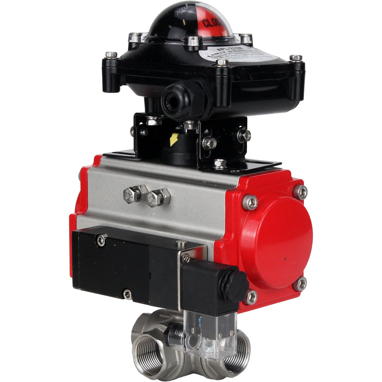 Stainless steel ball valve DNOVA 3h-l-rpss316200mm-iso-pnevpr-da-rasp-110/220v-lsu, body material - stainless steel AISI 316, ball material - stainless steel AISI 316, seal - PTFE, pneumatic actuator operated