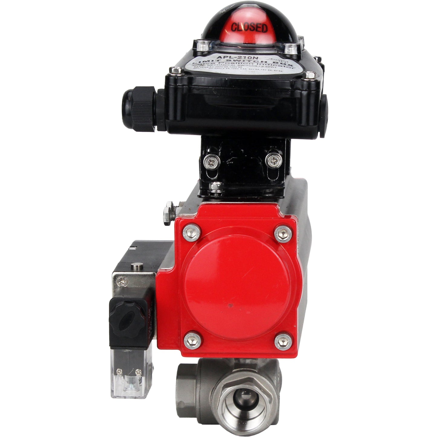 Stainless steel ball valve DNOVA 3h-l-rpss316200mm-iso-pnevpr-da-rasp-24v-lsu, body material - stainless steel AISI 316, ball material - stainless steel AISI 316, seal - PTFE, pneumatic actuator operated