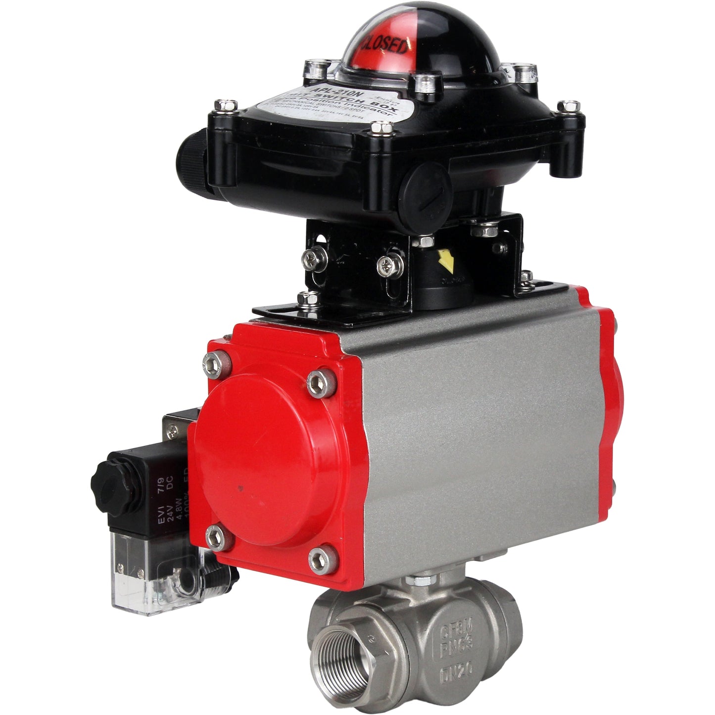 Stainless steel ball valve DNOVA 3h-l-rpss316200mm-iso-pnevpr-da-rasp-110/220v-lsu, body material - stainless steel AISI 316, ball material - stainless steel AISI 316, seal - PTFE, pneumatic actuator operated