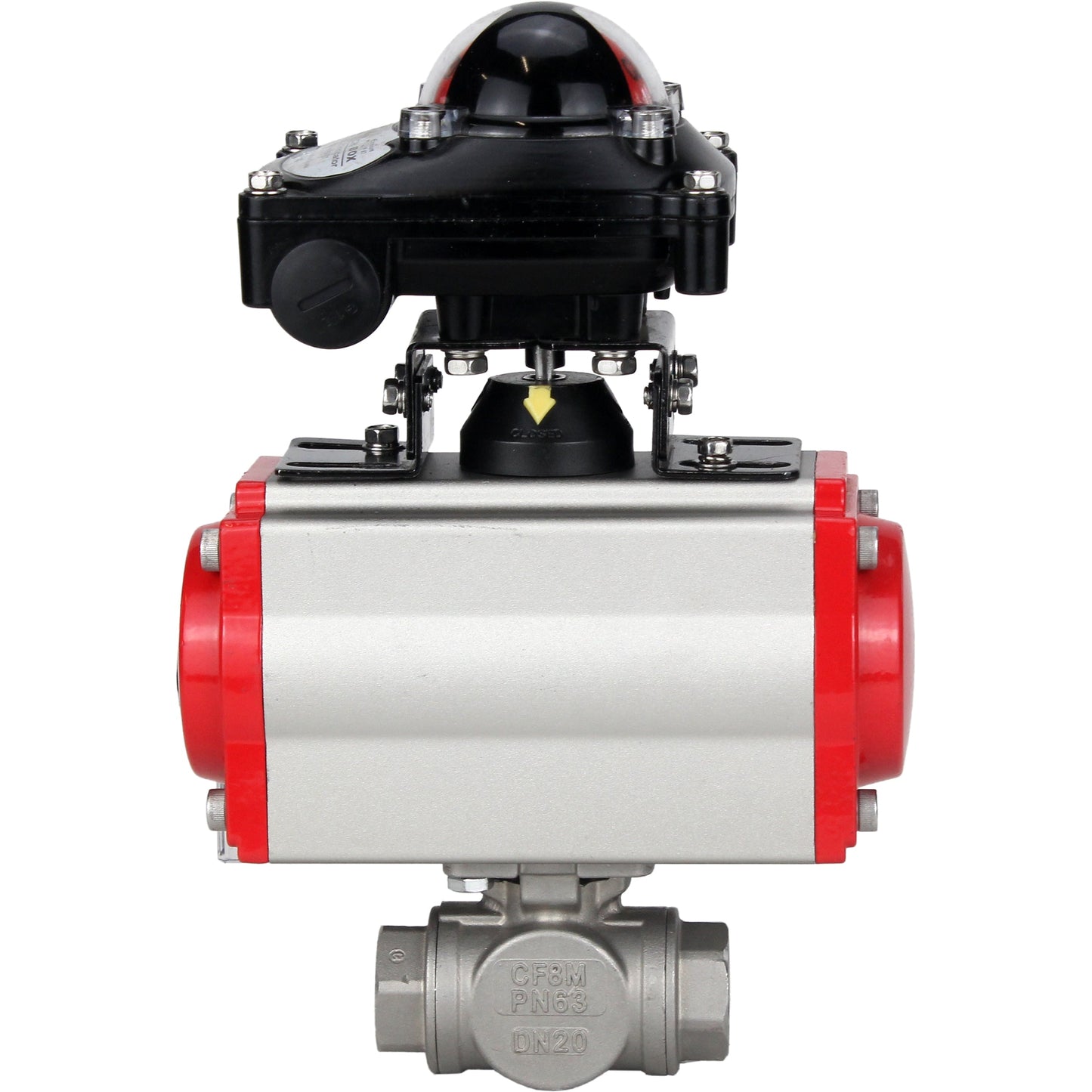 Stainless steel ball valve DNOVA 3h-l-rpss316200mm-iso-pnevpr-da-rasp-110/220v-lsu, body material - stainless steel AISI 316, ball material - stainless steel AISI 316, seal - PTFE, pneumatic actuator operated