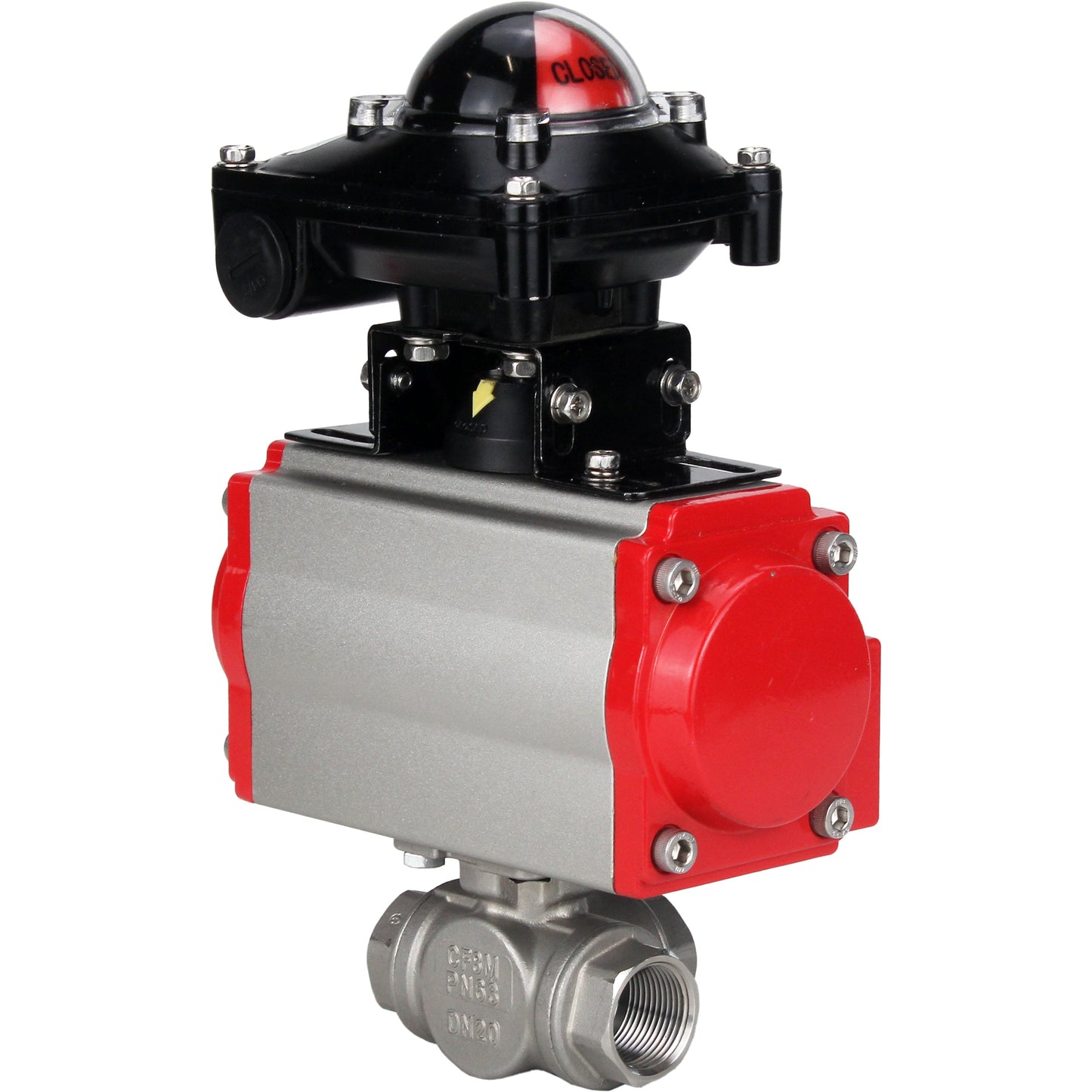 Stainless steel ball valve DNOVA 3h-l-rpss316200mm-iso-pnevpr-da-rasp-110/220v-lsu, body material - stainless steel AISI 316, ball material - stainless steel AISI 316, seal - PTFE, pneumatic actuator operated