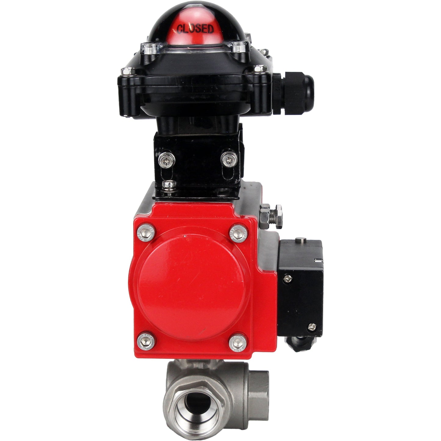 Stainless steel ball valve DNOVA 3h-l-rpss316200mm-iso-pnevpr-da-rasp-110/220v-lsu, body material - stainless steel AISI 316, ball material - stainless steel AISI 316, seal - PTFE, pneumatic actuator operated