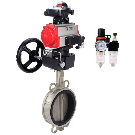 Butterfly valve DNOVA WBV3232E-2W-Fb-H, body material - stainless steel AISI 316L, disk material - stainless steel AISI 316L, seal - EPDM, with pneumatic actuator double action PA-DA, 4V320-08 220V, LSU APL-410N Ex, handwheel MON, ATU AFC2000