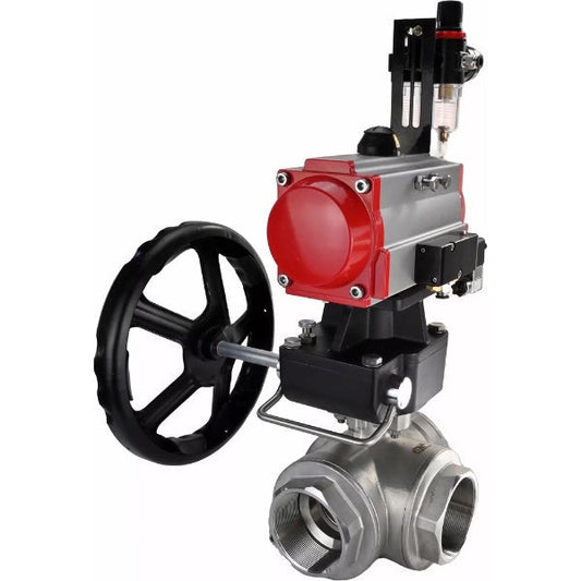 Ball valves DNOVA BV3232P(4pc)-SP-3WL-T-ISO-H,  body material - Stainless steel AISI 316, seal - PTFE / PTFE / Teflon, with pneumatic actuator double action PA-DA, 4V320-10 220V, handwheel MON, ATU AFC2000