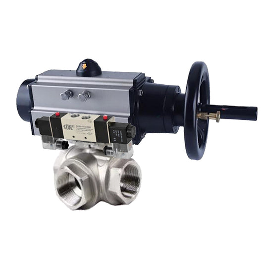 Ball valves DNOVA BV3232P(4pc)-SP-3WL-T-ISO-H,  body material - Stainless steel AISI 316, seal - PTFE / PTFE / Teflon, with pneumatic actuator double action PA-DA-105-1, 4V320-08 220V