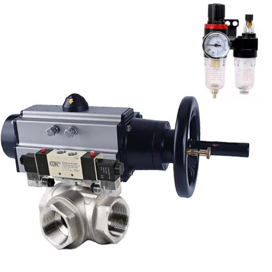 Ball valves DNOVA BV3232P(4pc)-SP-3WL-T-ISO-H,  body material - Stainless steel AISI 316, seal - PTFE / PTFE / Teflon, with pneumatic actuator double action PA-DA-105-1, 4V320-10 220VATU AFC2000
