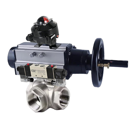 Ball valves DNOVA BV3232P(4pc)-SP-3WL-T-ISO-H,  body material - Stainless steel AISI 316, seal - PTFE / PTFE / Teflon, with pneumatic actuator double action PA-DA-105-1, 4V320-10 220V, LSU APL-410N Ex