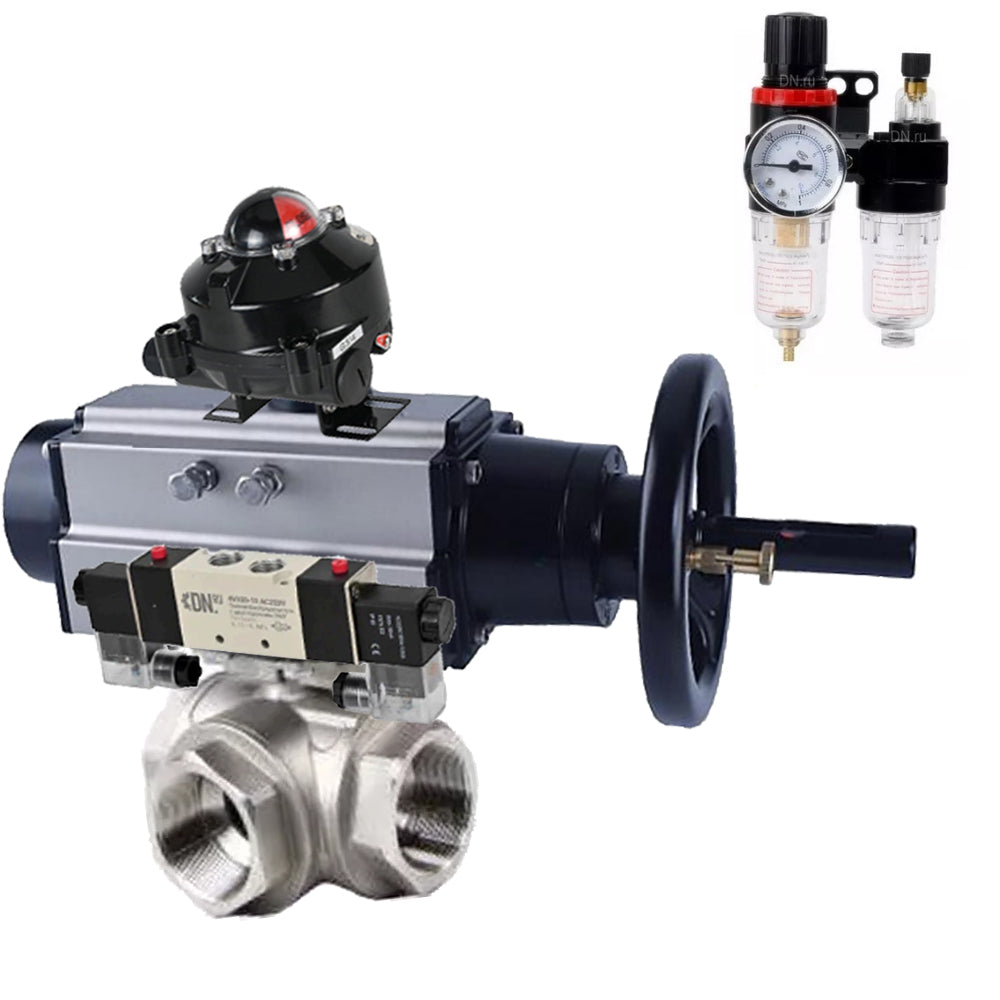 Ball valves DNOVA BV3232P(4pc)-SP-3WL-T-ISO-H, body material - Stainless steel AISI 316, seal - PTFE / PTFE / Teflon, with pneumatic actuator double action PA-DA-105-1, 4V320-10 220V, LSU APL-510N Ex, ATU AFC2000