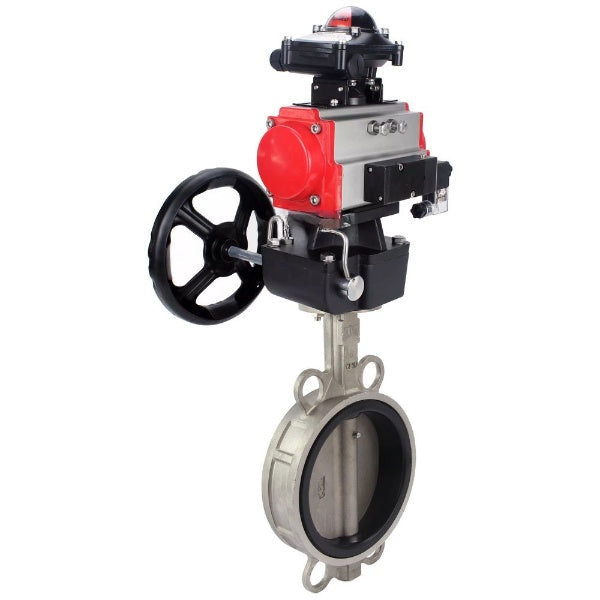 Butterfly valve DNOVA WBV3232N-2W-Fb-H, body material - stainless steel AISI 316L, disk material - stainless steel AISI 316L, seal - NBR, with pneumatic actuator double action PA-DA, 4V320-10 220V, LSU APL-210N, handwheel MON
