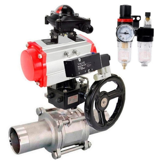 Ball valves DNOVA BV3232P(3pc)-FP-W-ISO-H LONG,  body material - Stainless steel AISI 316, seal - PTFE / PTFE / Teflon, with pneumatic actuator double action PA-DA, 4V320-08 220V, LSU APL-410N Ex, handwheel MON, ATU AFC2000