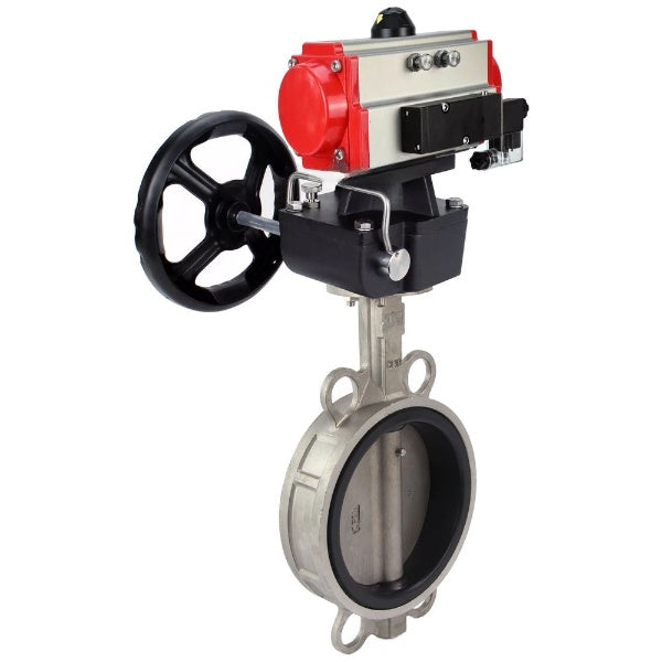 Butterfly valve DNOVA WBV3232N-2W-Fb-H, body material - stainless steel AISI 316L, disk material - stainless steel AISI 316L, seal - NBR, with pneumatic actuator double action PA-DA, 4V320-10 220V, handwheel MON