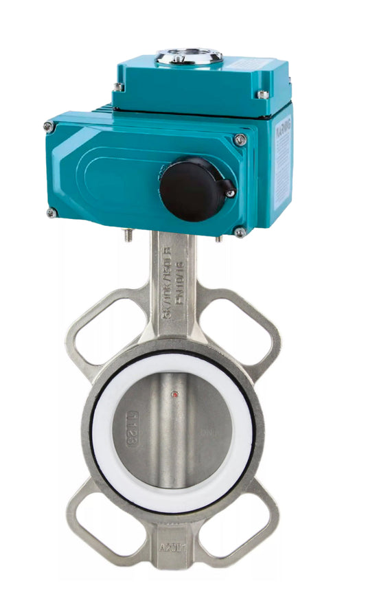 Válvula de mariposa de agua DNOVA WBV3232P-2W-Fb-H, material del cuerpo: acero inoxidable AISI 316L, material del disco: acero inoxidable AISI 316L, sello: PTFE, actuador eléctrico QT-N-EM-O1-380VAC-U1 HARK