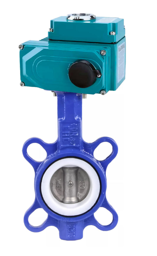 Válvula de mariposa de agua DNOVA WBV3432P-2W-Fb-H, material del cuerpo: acero al carbono, material del disco: acero inoxidable AISI 316L, sello: PTFE, actuador eléctrico QT-N-EM-O1-380VAC-U1 HARK