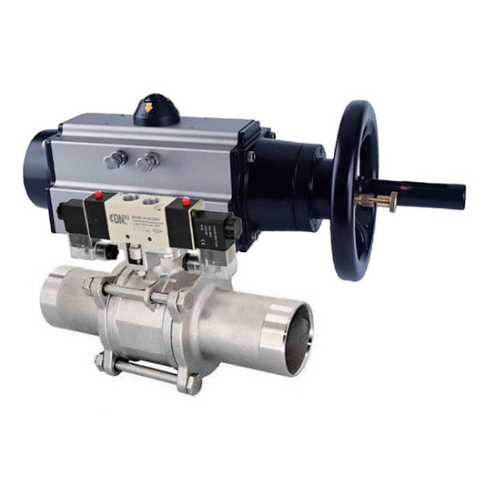 Ball valves DNOVA BV3232P(3pc)-FP-W-ISO-H LONG,  body material - Stainless steel AISI 316, seal - PTFE / PTFE / Teflon, with pneumatic actuator double action PA-DA-105-1, 4V320-10 220V