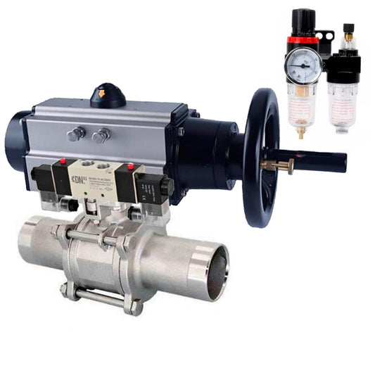 Ball valves DNOVA BV3232P(3pc)-FP-W-ISO-H LONG,  body material - Stainless steel AISI 316, seal - PTFE / PTFE / Teflon, with pneumatic actuator double action PA-DA-105-1, 4V320-08 220V, ATU AFC2000