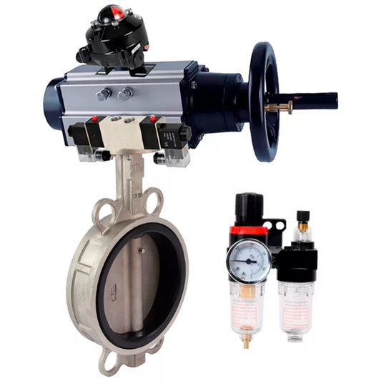 Water Butterfly Valve DNOVA WBV3131P-2W-Fb-H, wafer, body - stainless steel 304, disk - stainless steel 304, PTFE, with pneumatic drive PA-DA-105-1, with pneumatic distributor 4V320-10 220V, BKV APL- 410N Ex, BPV AFC2000