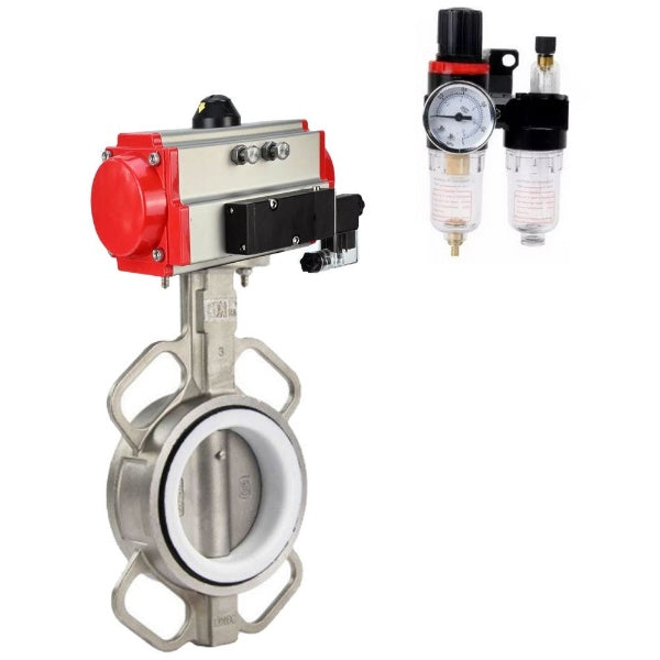 Butterfly valve DNOVA WBV3232P-2W-Fb-H, body material - stainless steel AISI 316L, disk material - stainless steel AISI 316L, seal - PTFE, with pneumatic actuator double action PA-DA, 4V320-08 220V, ATU AFC2000