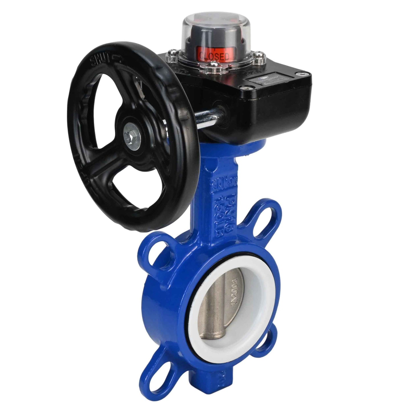 Válvula de mariposa de agua DNOVA WCB-316L-PTFE-HGB, material del cuerpo - acero al carbono WCB, material del disco - acero inoxidable AISI 316L, sello - PTFE, accionada por engranajes