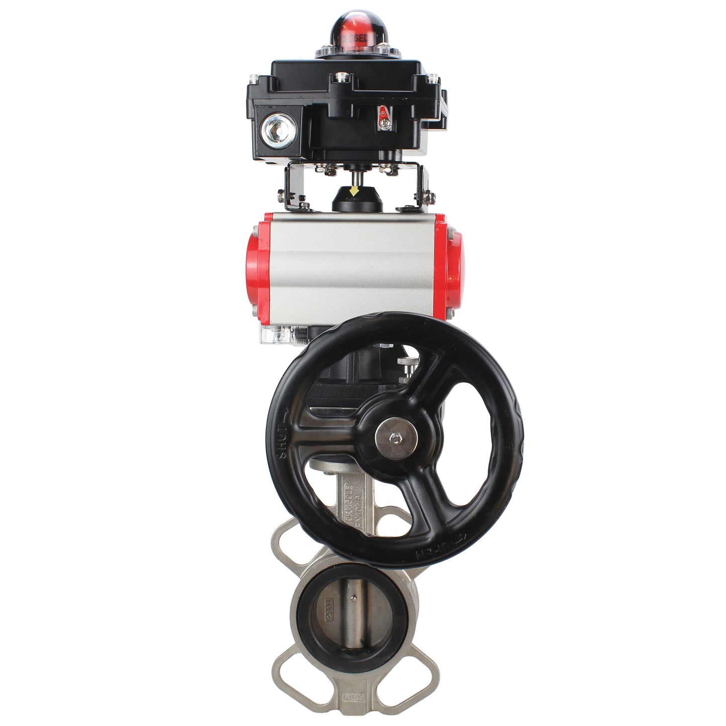 Water butterfly valve DNOVA 316L-316L-VITON body material - stainless steel aisi 316l, disk material - stainless steel AISI 316L, seal - Viton with pneumatic actuator DNOVA DA, pneumatic distributor 4M310-08 220V, limit switch block APL-410N EX