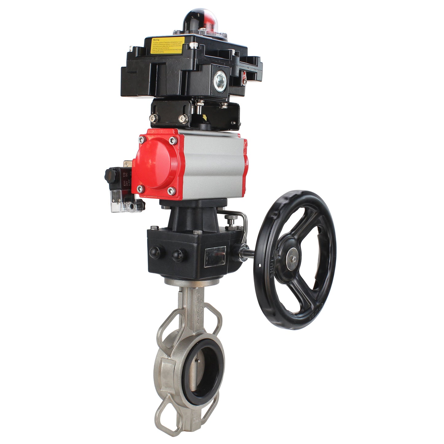 Water butterfly valve DNOVA 316L-316L-VITON body material - stainless steel aisi 316l, disk material - stainless steel AISI 316L, seal - Viton with pneumatic actuator DNOVA DA, pneumatic distributor 4M310-08 220V, limit switch block APL-410N EX