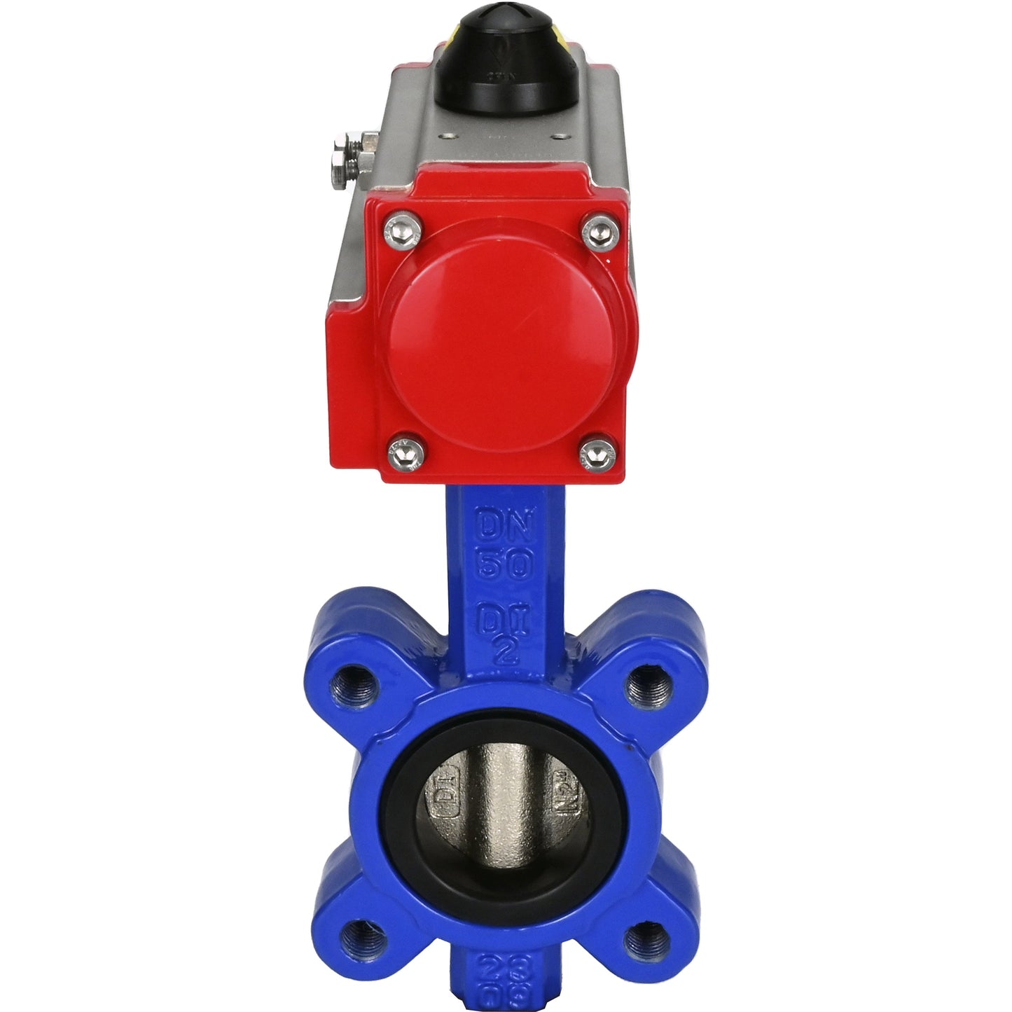 Válvula de mariposa de agua DNOVA WBV1616E-2W-Fb-H, material del cuerpo - fundición gris QT450, material del disco - fundición gris QT450, sello - EPDM, con actuador neumático de doble acción PA-DA