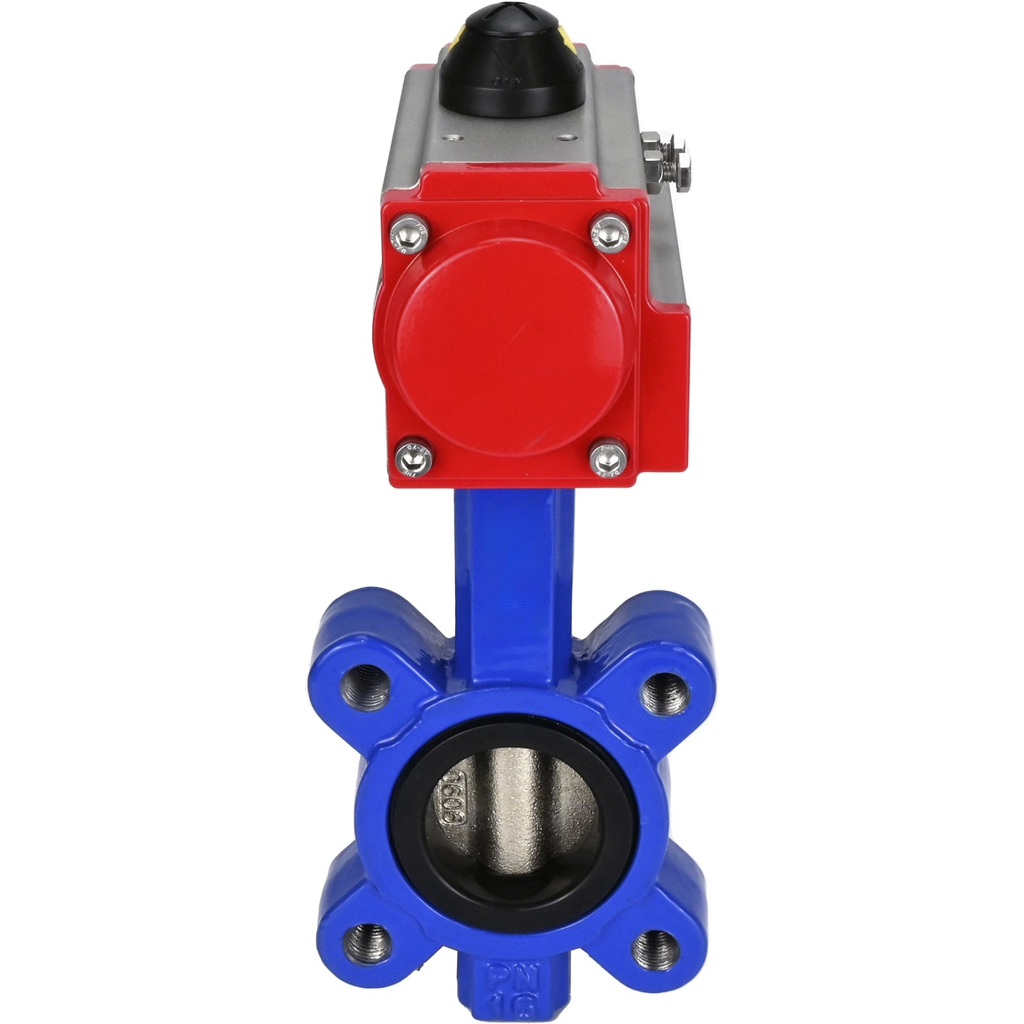Válvula de mariposa de agua DNOVA WBV1616E-2W-Fb-H, material del cuerpo - fundición gris QT450, material del disco - fundición gris QT450, sello - EPDM, con actuador neumático de doble acción PA-DA
