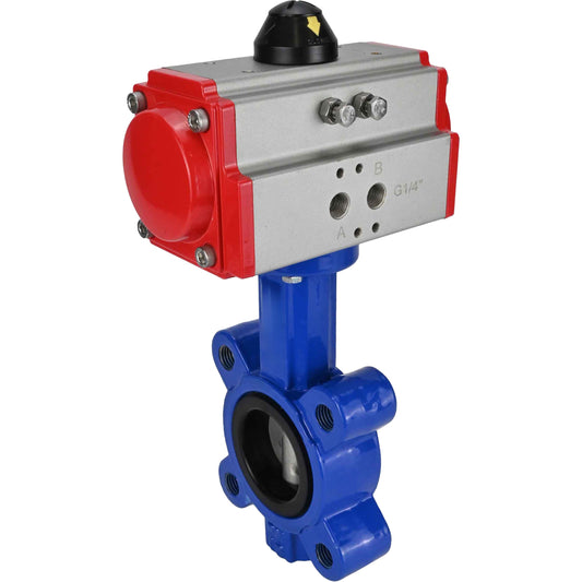 Válvula de mariposa de agua DNOVA WBV1631E-2W-Fb-H, material del cuerpo - fundición gris QT450, material del disco - acero inoxidable AISI 304, junta - EPDM, con actuador neumático de doble acción PA-DA
