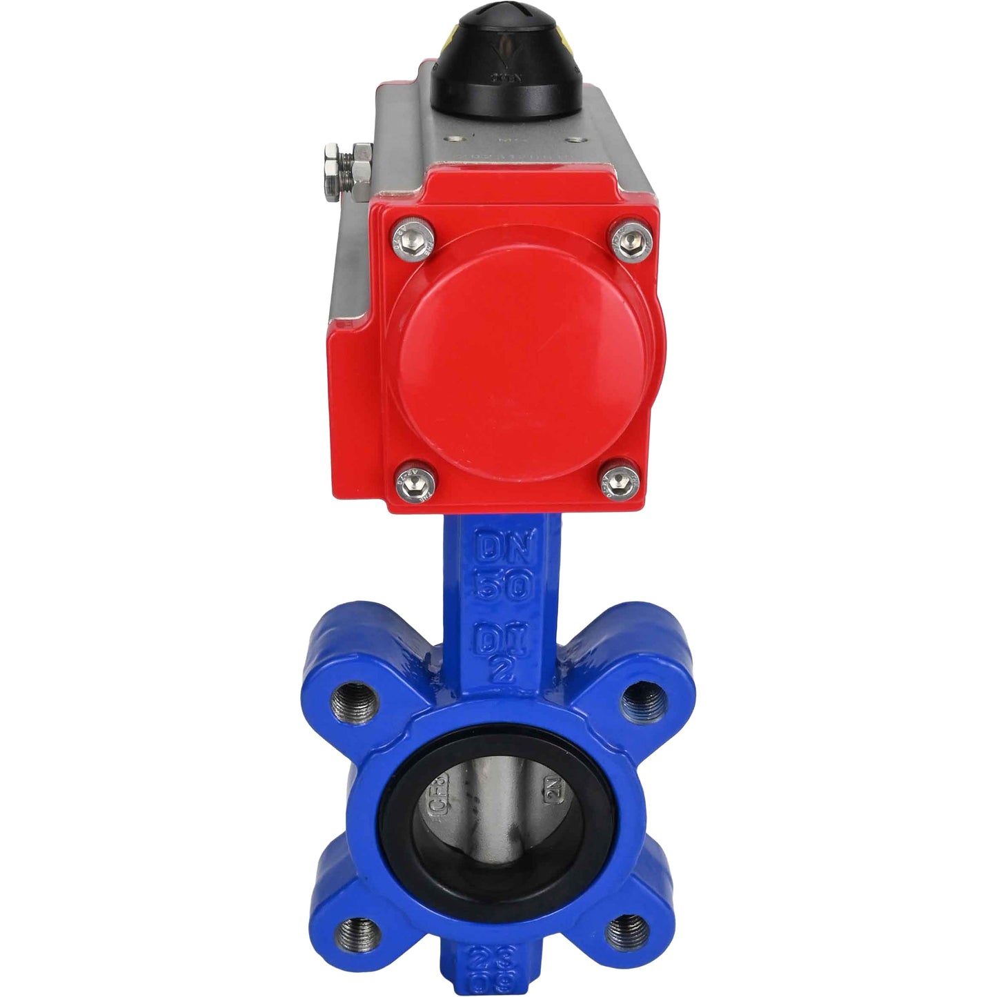 Válvula de mariposa de agua DNOVA WBV1631E-2W-Fb-H, material del cuerpo - fundición gris QT450, material del disco - acero inoxidable AISI 304, junta - EPDM, con actuador neumático de doble acción PA-DA