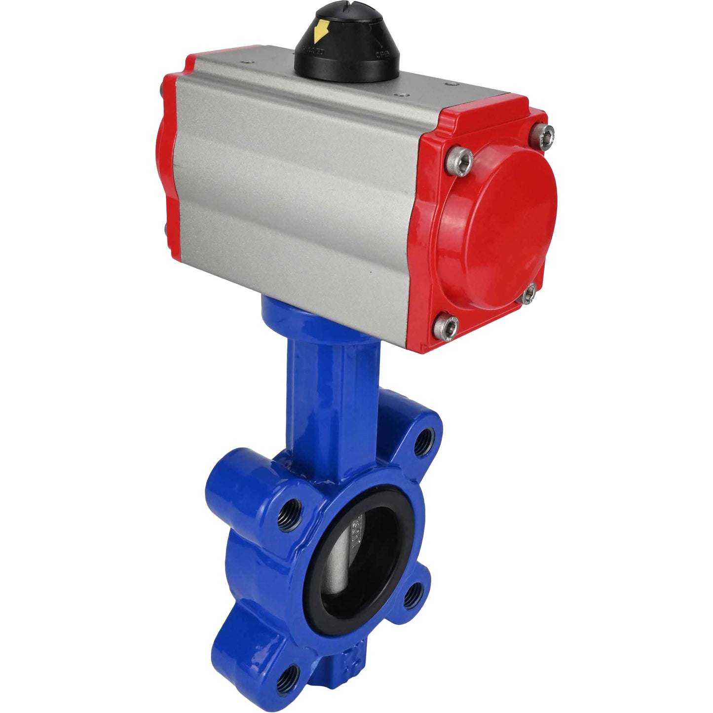 Válvula de mariposa de agua DNOVA WBV1631E-2W-Fb-H, material del cuerpo: fundición gris QT450, material del disco: acero inoxidable AISI 304, junta: EPDM, actuador neumático PA-SA con resortes de retorno.