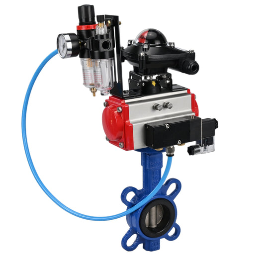 Water Butterfly Valve DNOVA WBV1413E-2W-Fb-H, body material - cast iron GGG50, disk material - cast iron GGG40, seal - EPDM, with pneumatic actuator with return springs PA-SA, 4V320-08 220V, LSU APL-210N, ATU AFC2000