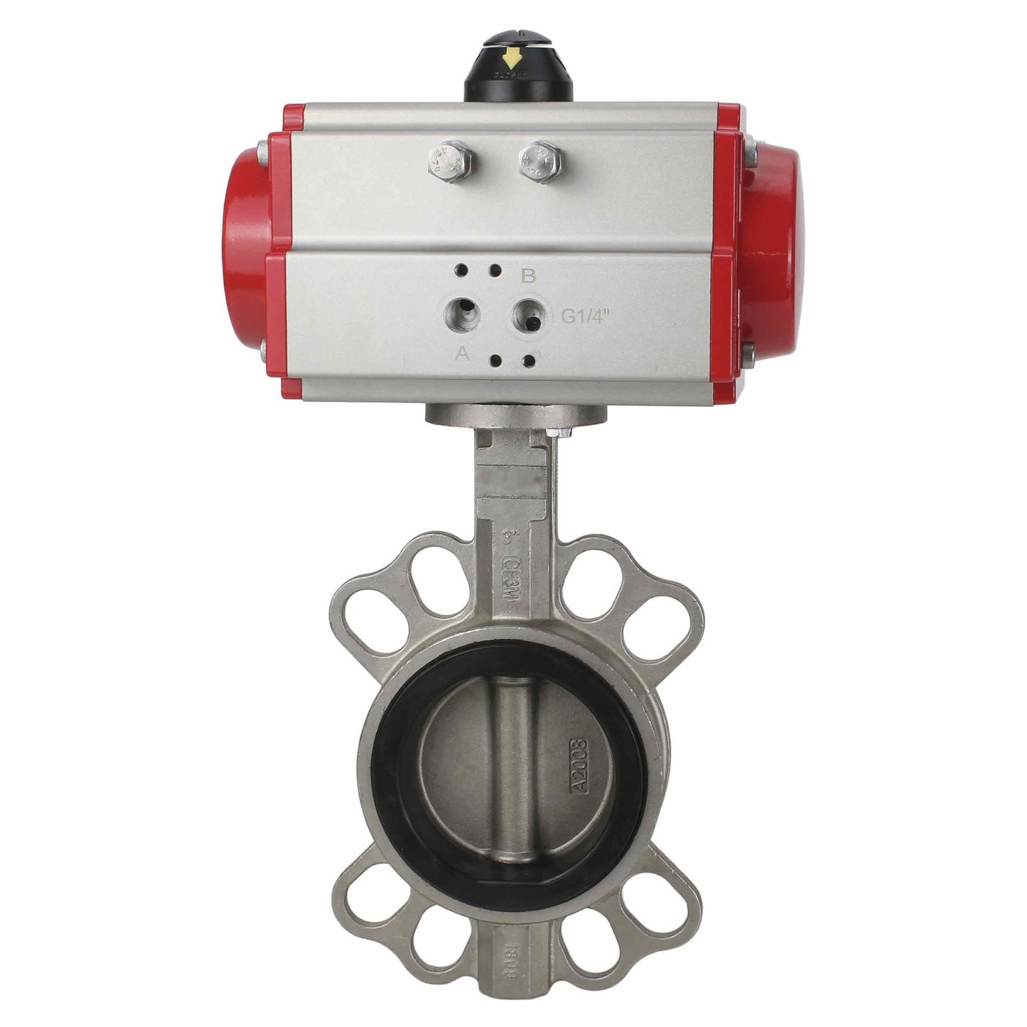 Válvula de mariposa de agua DNOVA WBV3131E-2W-Fb-H, material del cuerpo - Acero inoxidable AISI 304, material del disco - Acero inoxidable AISI 304, junta - EPDM, actuador neumático PA-DA doble acción