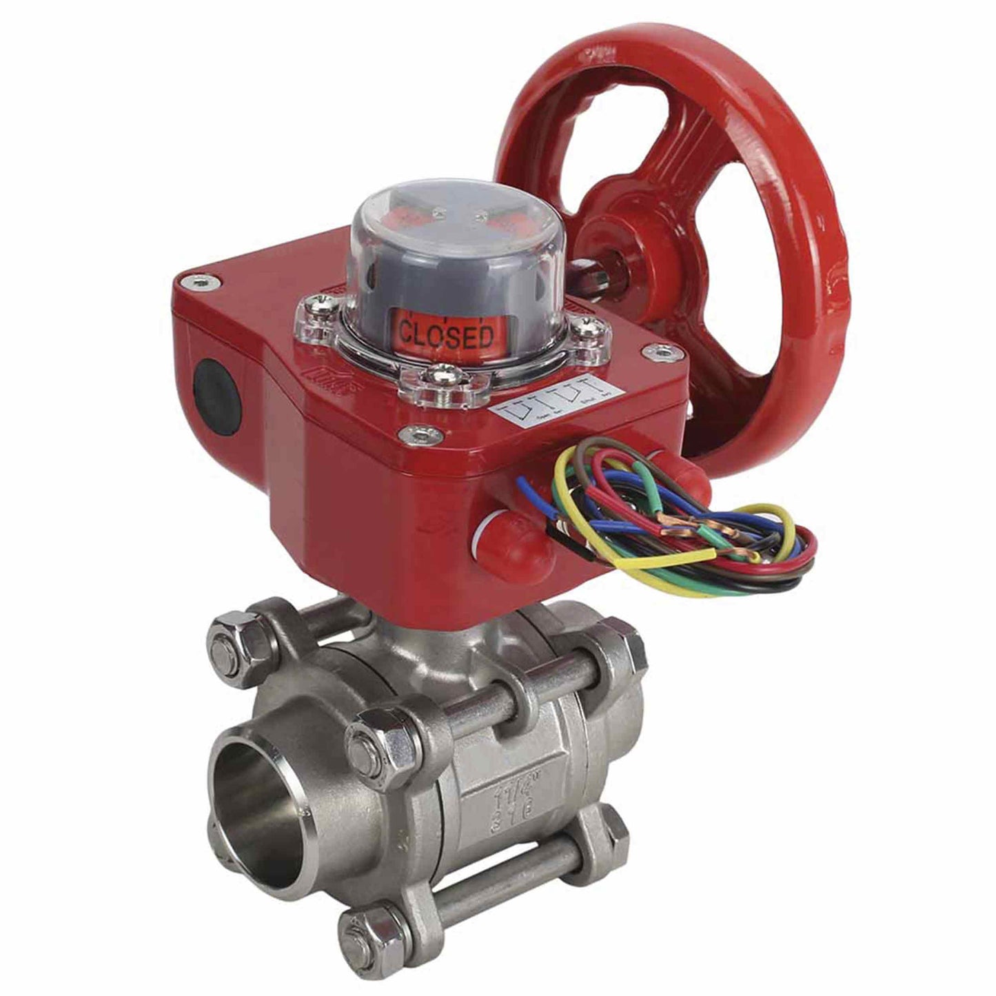 Válvula de bola de acero inoxidable DNOVA BVPP 316.200-ISO 914 PSI para soldar, paso completo, material del cuerpo - acero inoxidable AISI 316, con brida ISO y reductor DNOVA GBBF con indicador de posición y sensor de retroalimentación