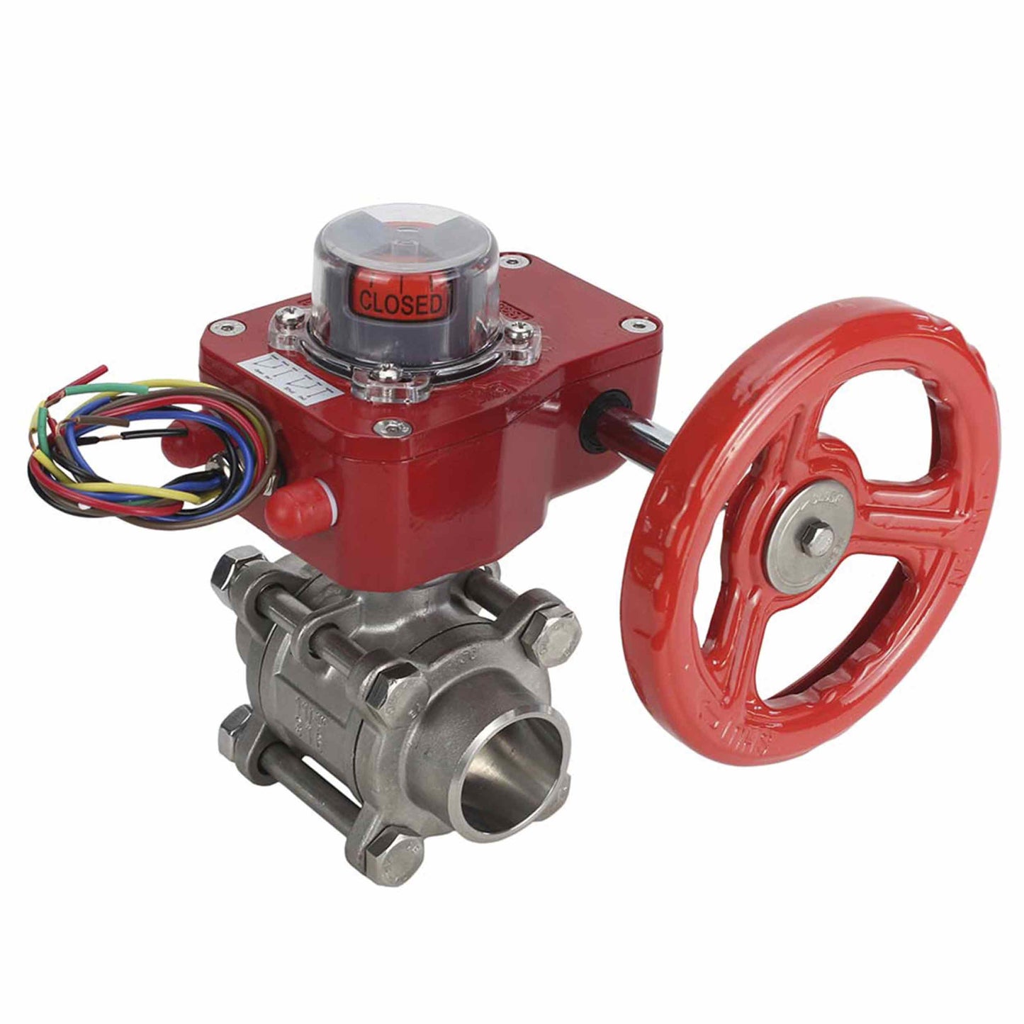 Válvula de bola de acero inoxidable DNOVA BVPP 316.200-ISO 914 PSI para soldar, paso completo, material del cuerpo - acero inoxidable AISI 316, con brida ISO y reductor DNOVA GBBF con indicador de posición y sensor de retroalimentación