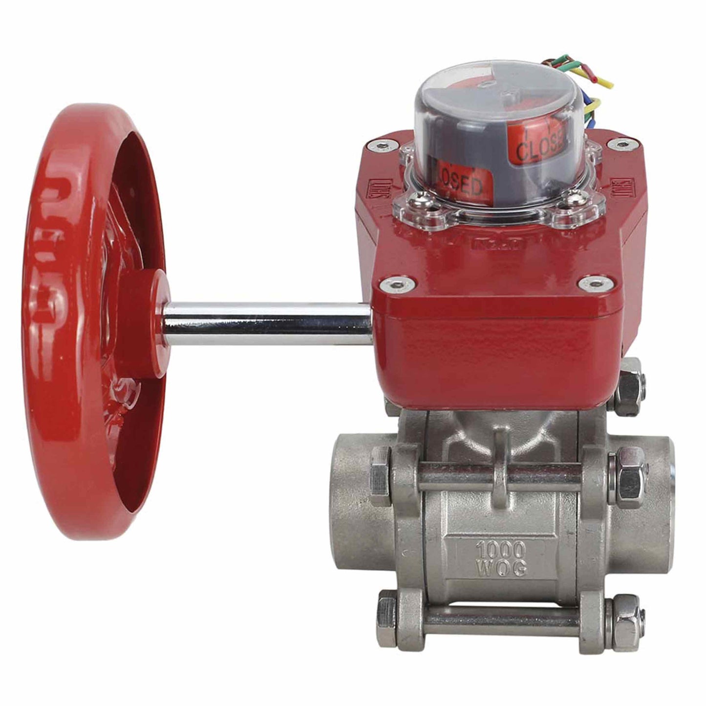 Válvula de bola de acero inoxidable DNOVA BVPP 316.200-ISO 914 PSI para soldar, paso completo, material del cuerpo - acero inoxidable AISI 316, con brida ISO y reductor DNOVA GBBF con indicador de posición y sensor de retroalimentación