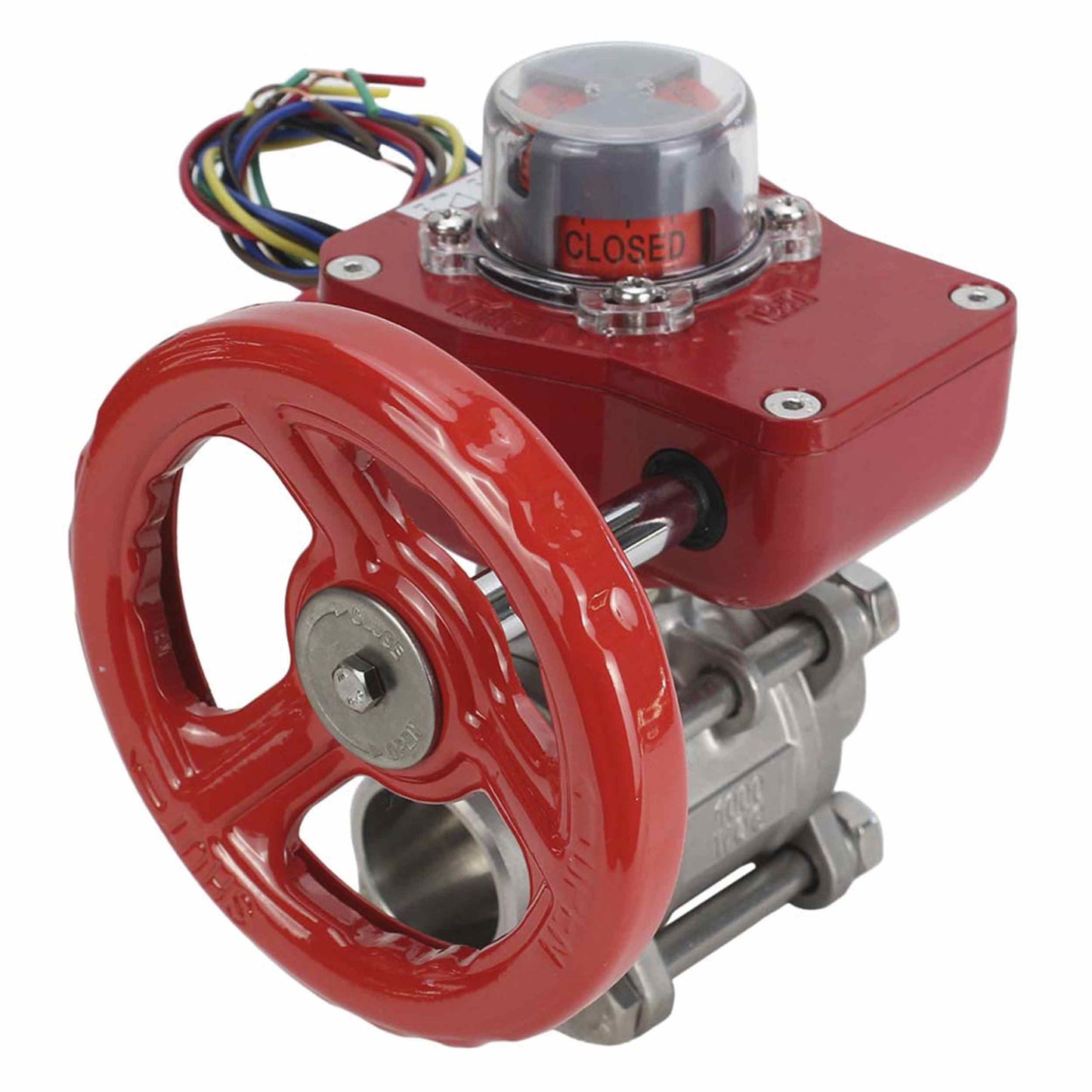 Válvula de bola de acero inoxidable DNOVA BVPP 316.200-ISO 914 PSI para soldar, paso completo, material del cuerpo - acero inoxidable AISI 316, con brida ISO y reductor DNOVA GBBF con indicador de posición y sensor de retroalimentación
