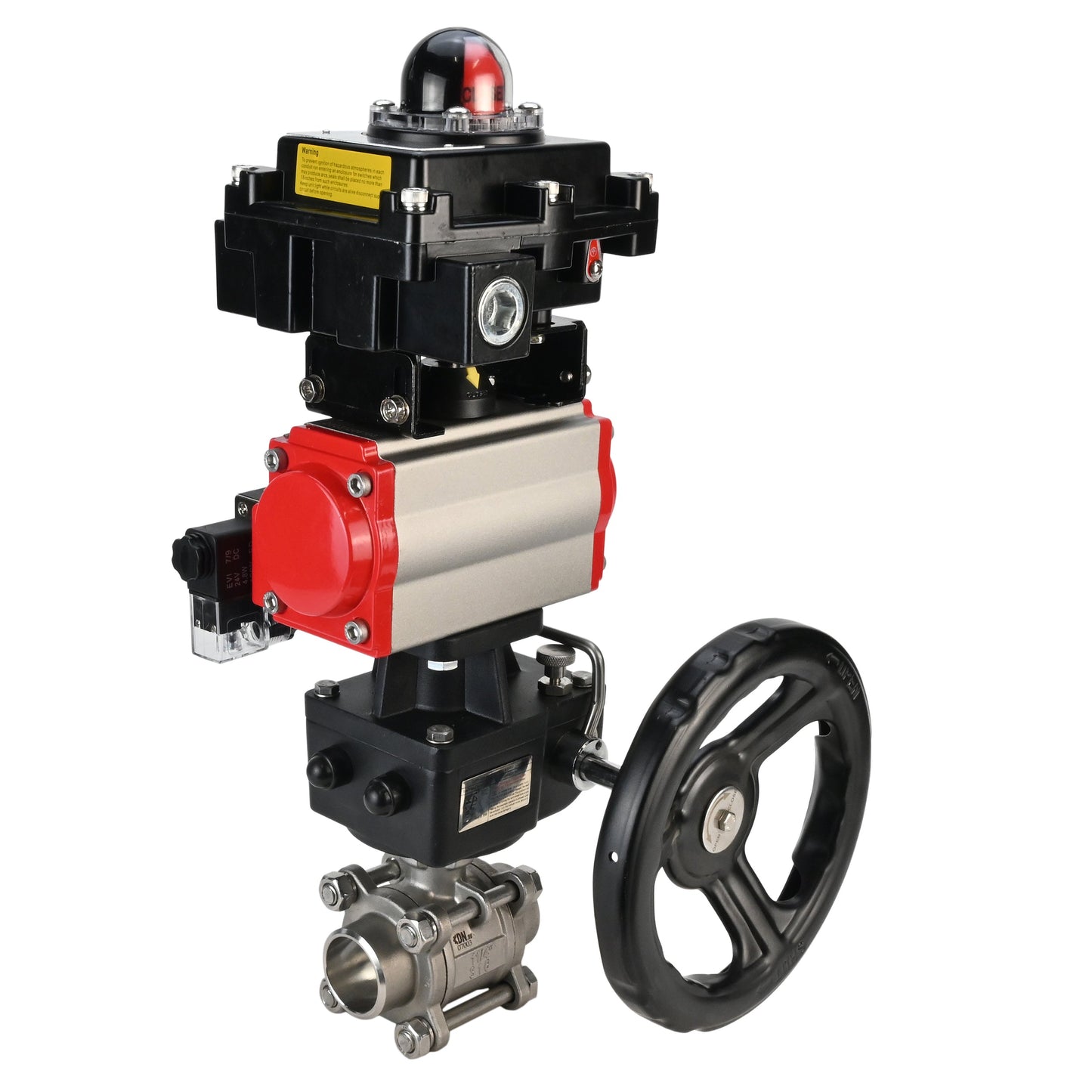 Stainless steel ball valve DNOVA BVPP 316.200-ISO PSI914 SS316 full port, for welding, body material - stainless steel, pneumatic actuator DNOVA DA, pneumatic distributor 4M310-08 24 V, limit switch block APL-410N EX, manual override HDM