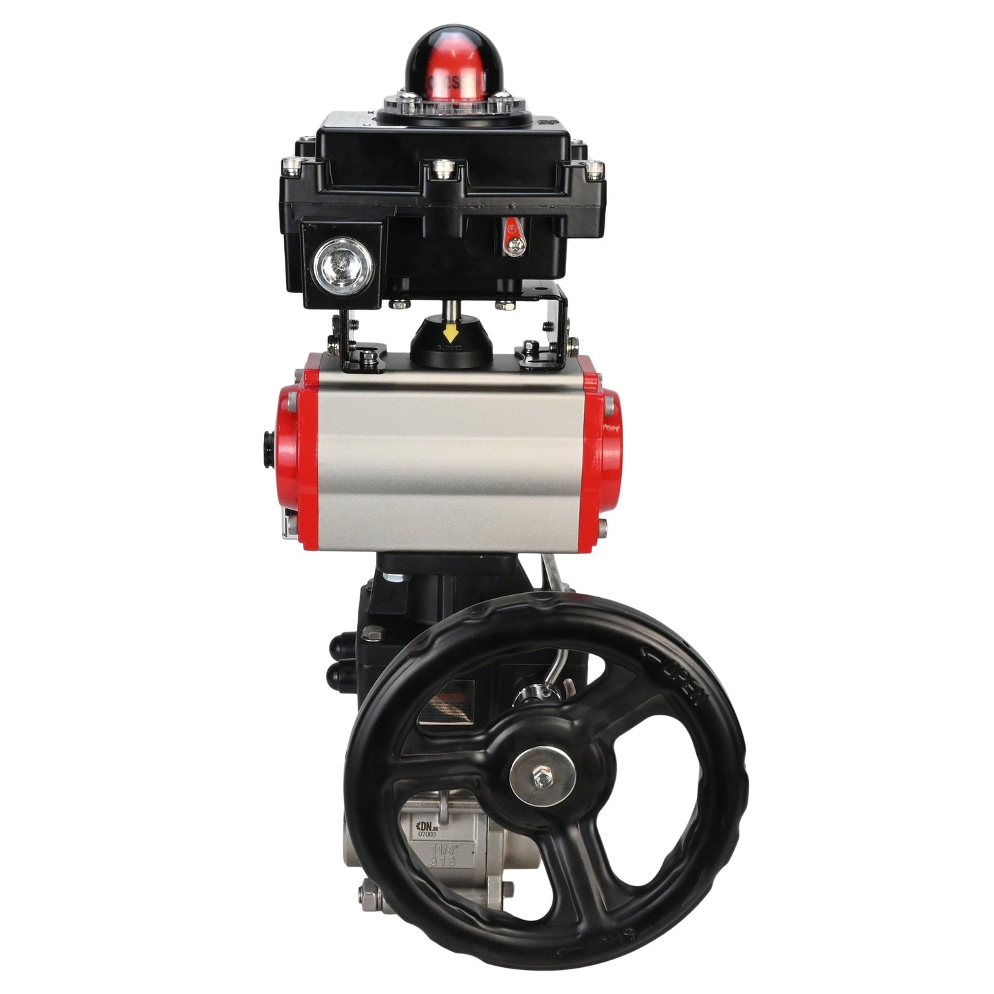 Stainless steel ball valve DNOVA BVPP 316.200-ISO PSI914 SS316 full port, for welding, body material - stainless steel, pneumatic actuator DNOVA DA, pneumatic distributor 4M310-08 24 V, limit switch block APL-410N EX, manual override HDM