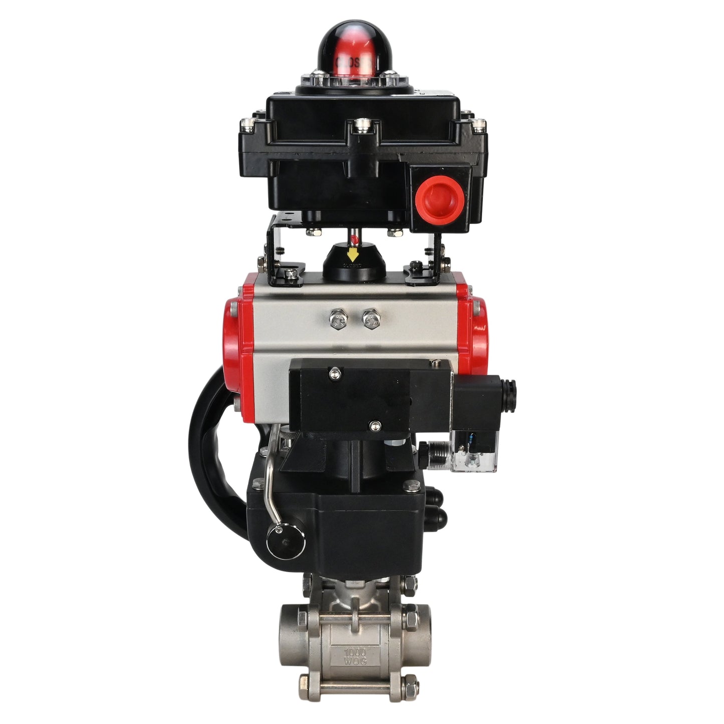 Stainless steel ball valve DNOVA BVPP 316.200-ISO PSI914 SS316 full port, for welding, body material - stainless steel, pneumatic actuator DNOVA DA, pneumatic distributor 4M310-08 220 V, limit switch block APL-410N EX, manual override HDM