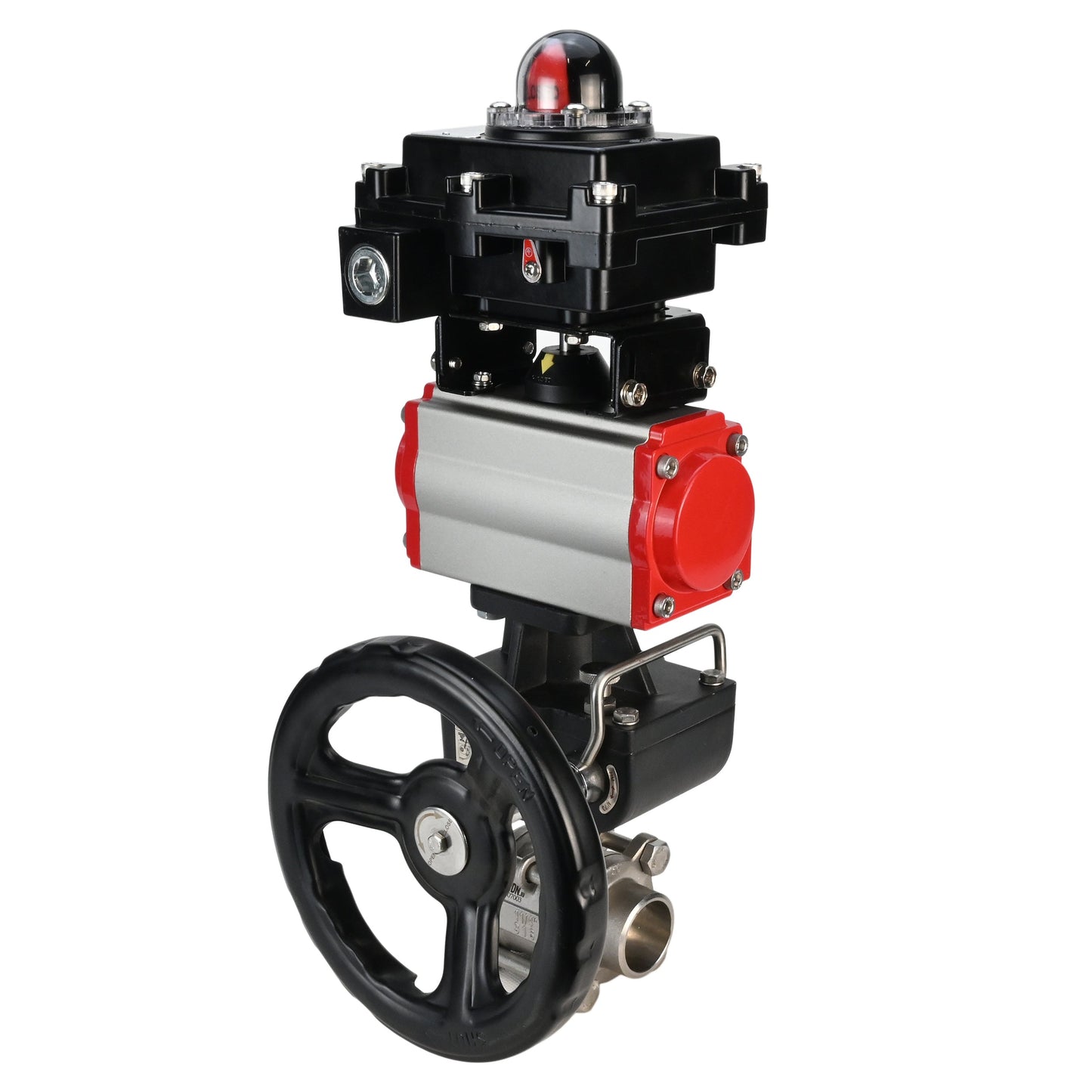 Stainless steel ball valve DNOVA BVPP 316.200-ISO PSI914 SS316 full port, for welding, body material - stainless steel, pneumatic actuator DNOVA DA, pneumatic distributor 4M310-08 24 V, limit switch block APL-410N EX, manual override HDM