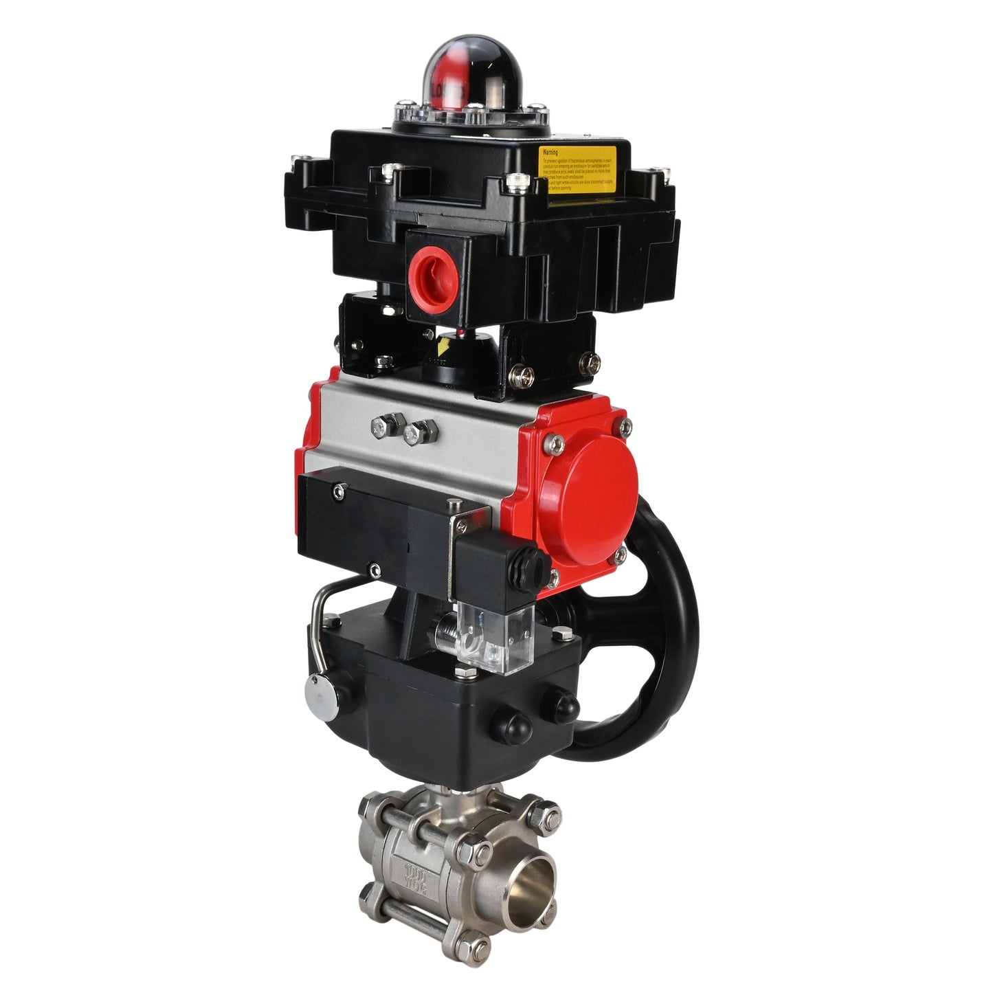 Stainless steel ball valve DNOVA BVPP 316.200-ISO PSI914 SS316 full port, for welding, body material - stainless steel, pneumatic actuator DNOVA DA, pneumatic distributor 4M310-08 220 V, limit switch block APL-410N EX, manual override HDM