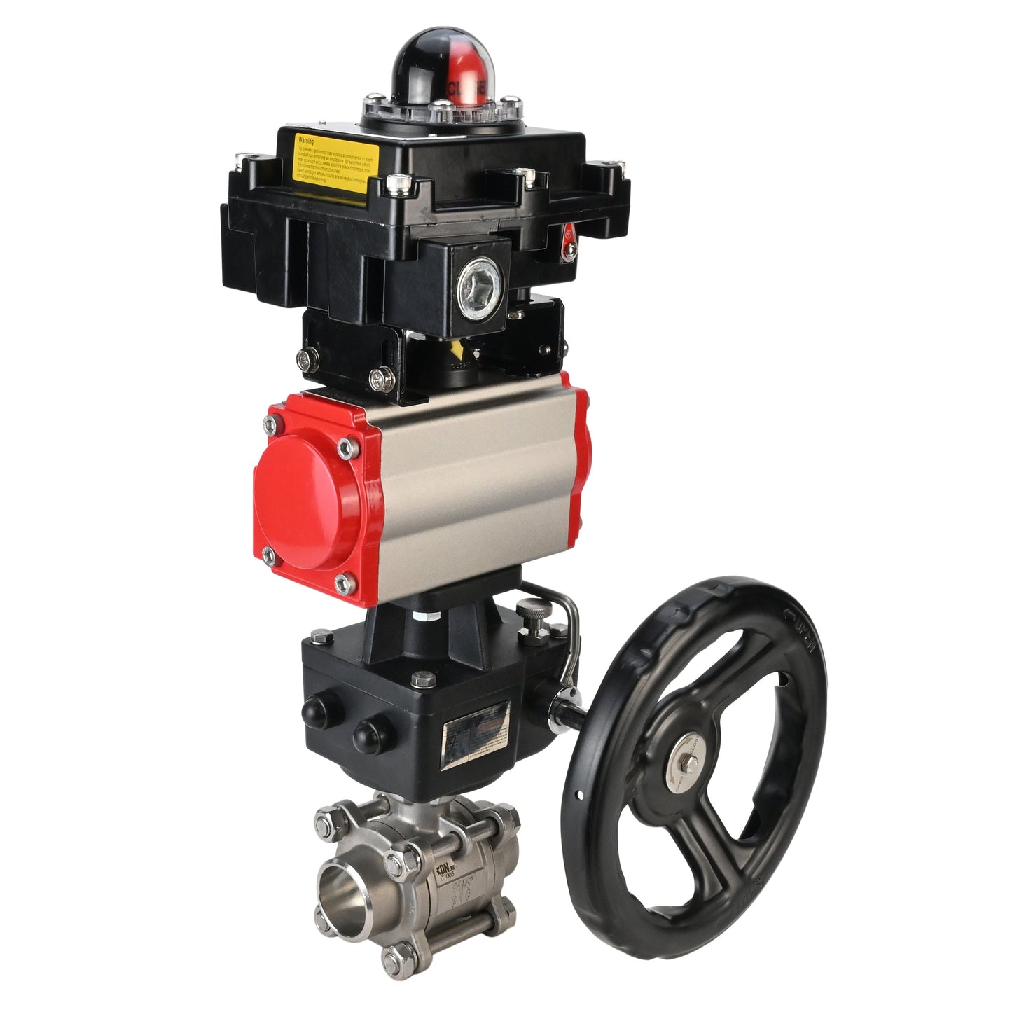 Válvula de bola de acero inoxidable DNOVA BVPP 316.200-ISO PSI914 SS316 paso completo, para soldar, material del cuerpo - acero inoxidable, actuador neumático DNOVA DA, bloque de interruptores de límite APL-410N EX, anulación manual HDM