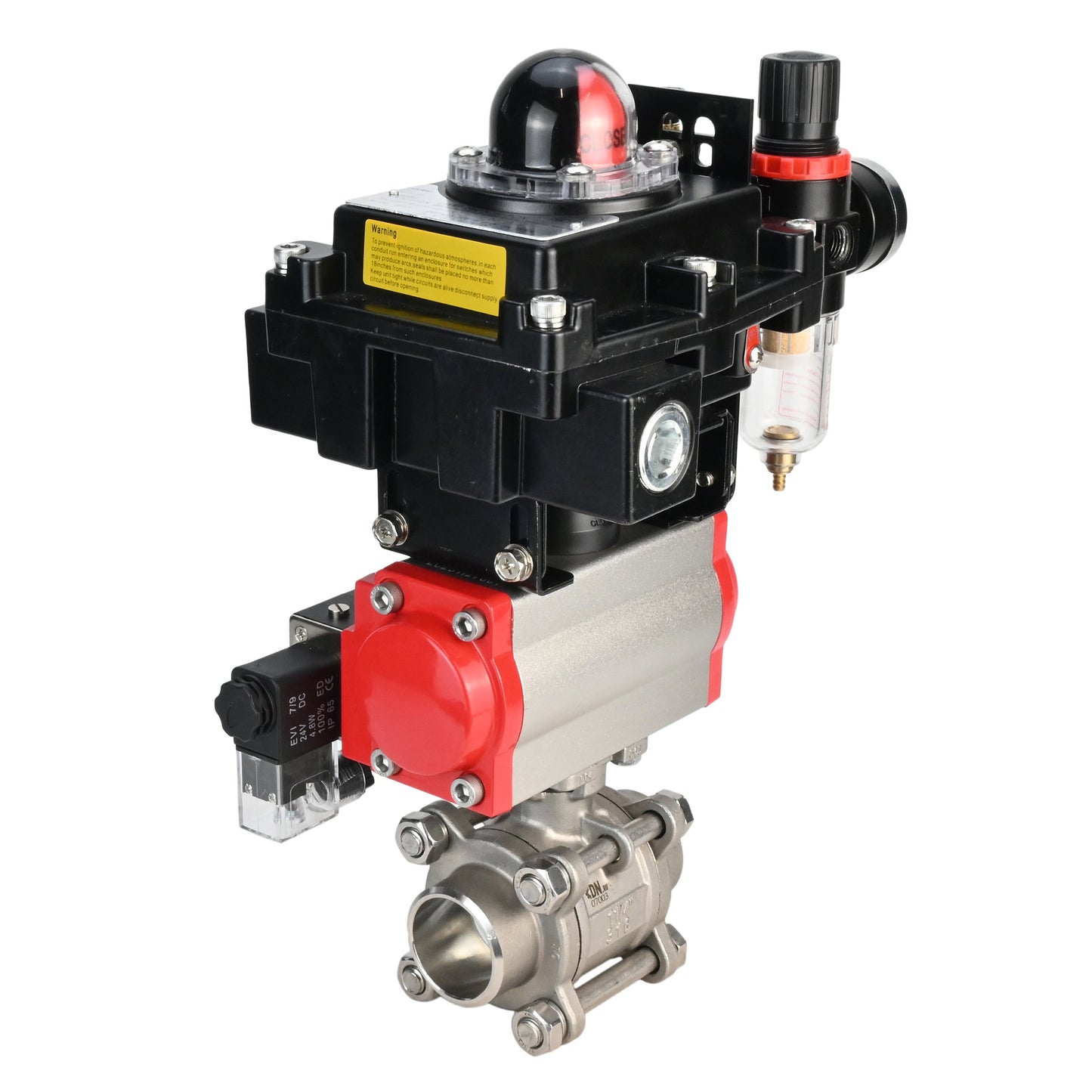 Stainless steel ball valve DNOVA BVPP 316.200-ISO PSI914 SS316 full port, for welding, body material - stainless steel, pneumatic actuator DNOVA SA, pneumatic distributor 4M310-08 24 V, limit switch block APL-410N EX, air preparation unit AFC2000