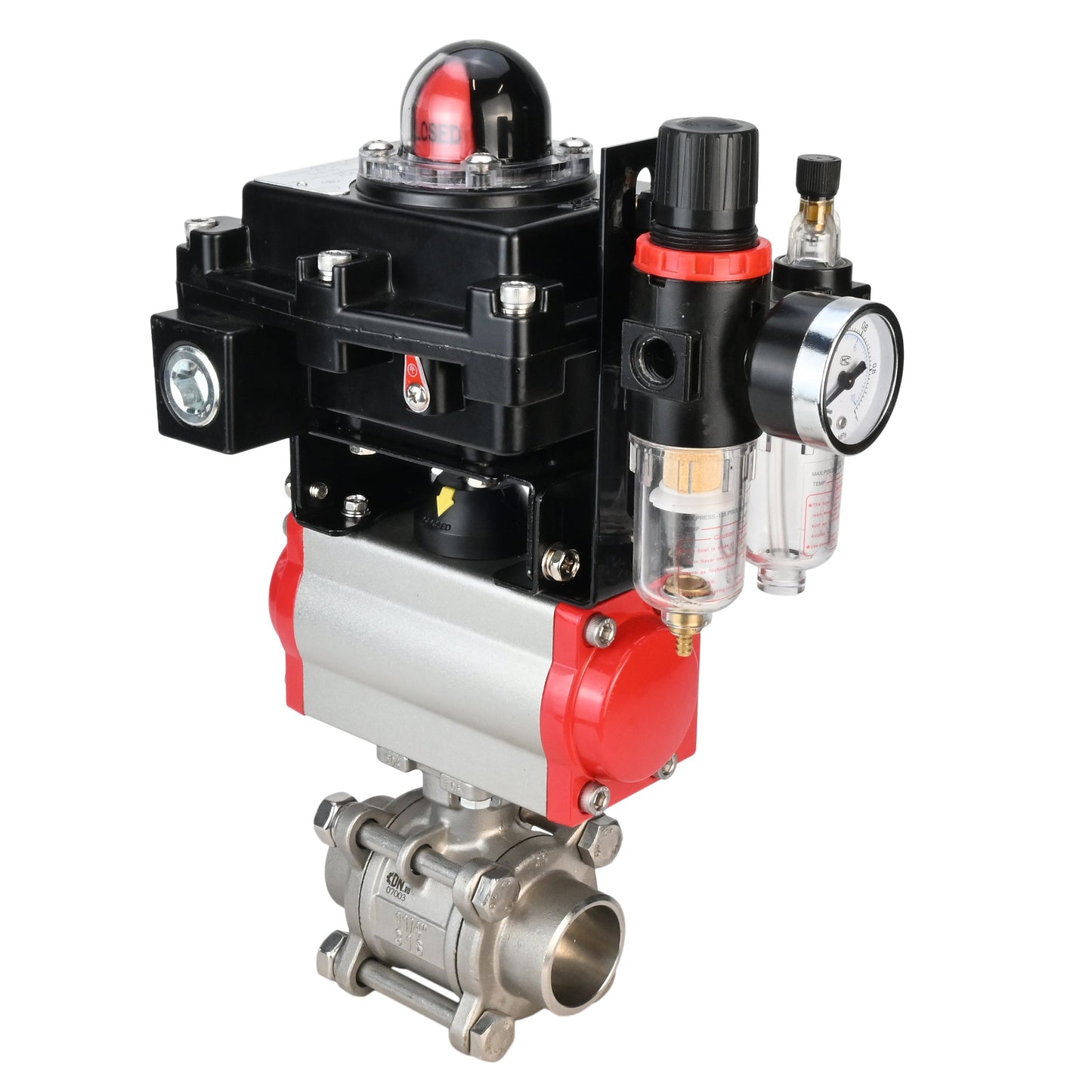 Stainless steel ball valve DNOVA BVPP 316.200-ISO PSI914 SS316 full port, for welding, body material - stainless steel, pneumatic actuator DNOVA SA, pneumatic distributor 4M310-08 220 V, limit switch block APL-410N EX, air preparation unit AFC2000