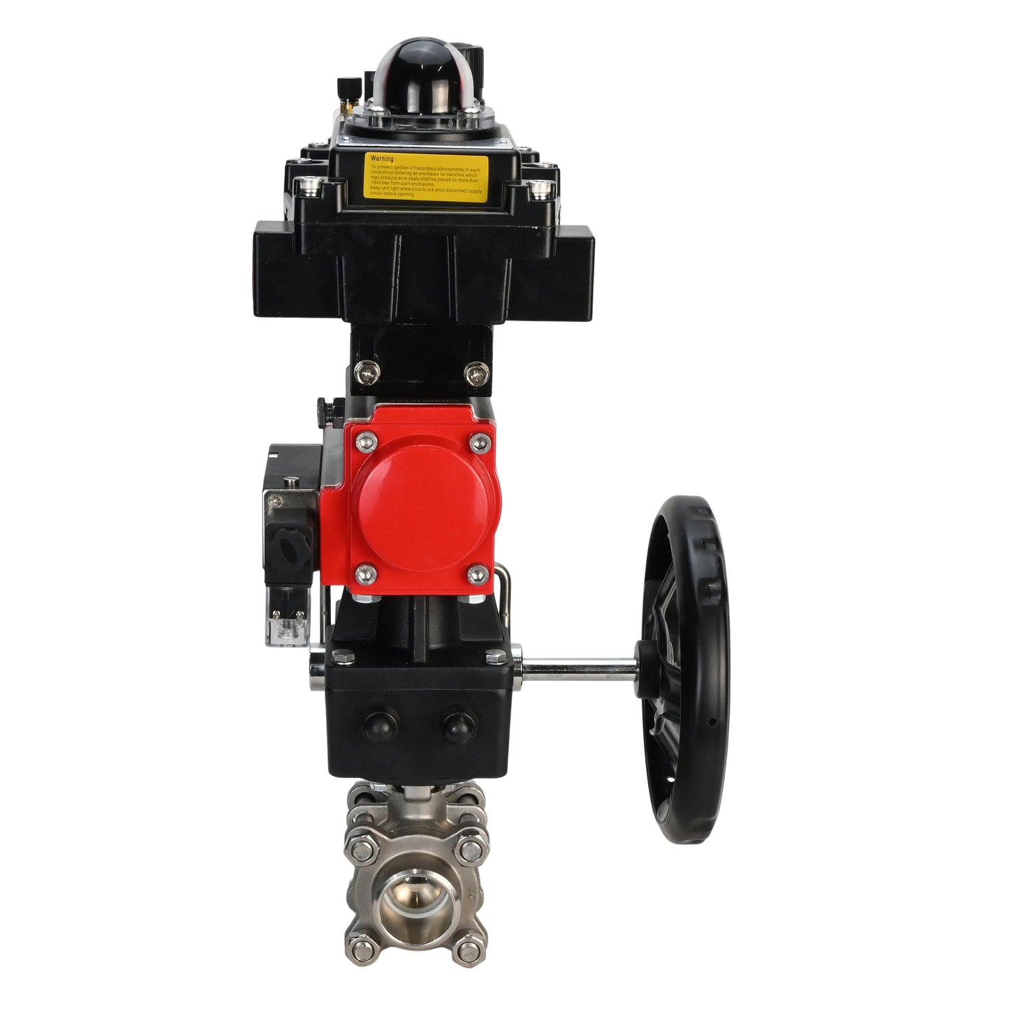 Stainless steel ball valve DNOVA BVPP 316.200-ISO PSI914 SS316 full port, for welding, body material - stainless steel, pneumatic actuator DNOVA DA, pneumatic distributor 4M310-08 220 V, limit switch block APL-410N EX, manual override HDM, air