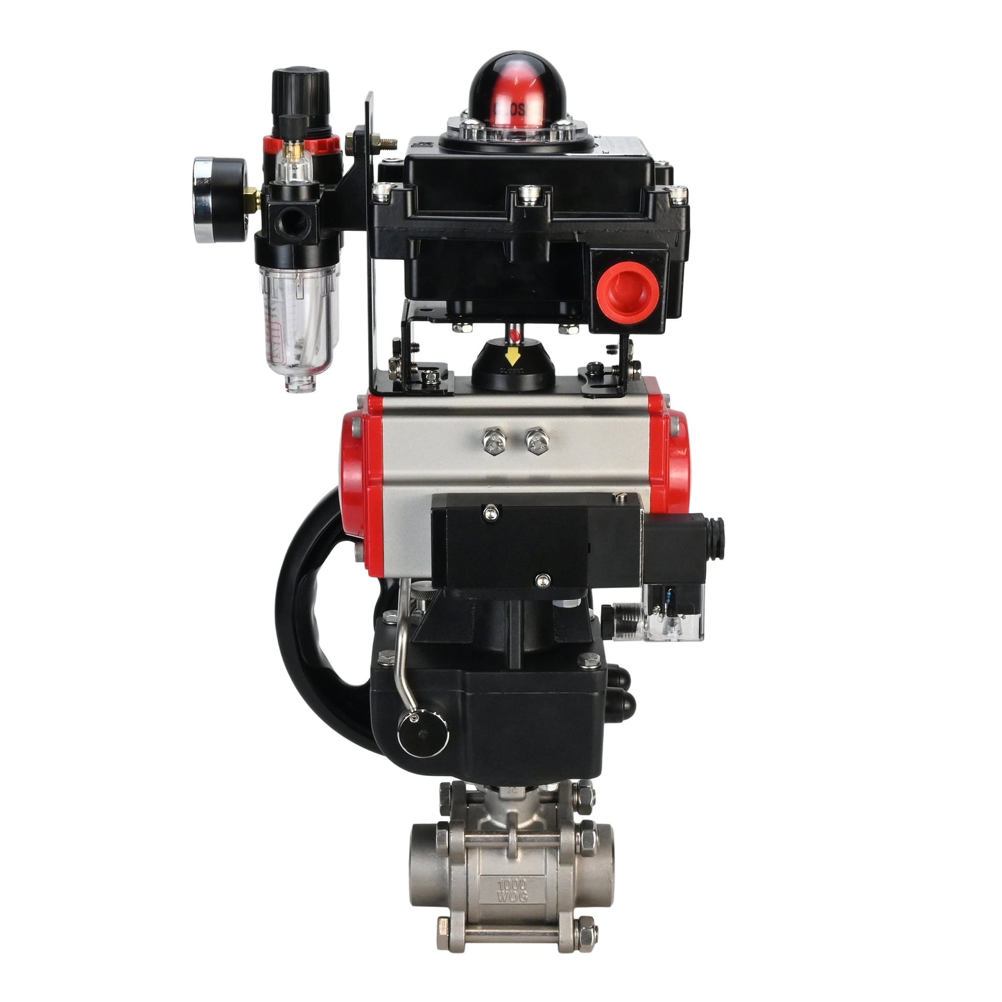 Stainless steel ball valve DNOVA BVPP 316.200-ISO PSI914 SS316 full port, for welding, body material - stainless steel, pneumatic actuator DNOVA DA, pneumatic distributor 4M310-08 24 V, limit switch block APL-410N EX, manual override HDM, air