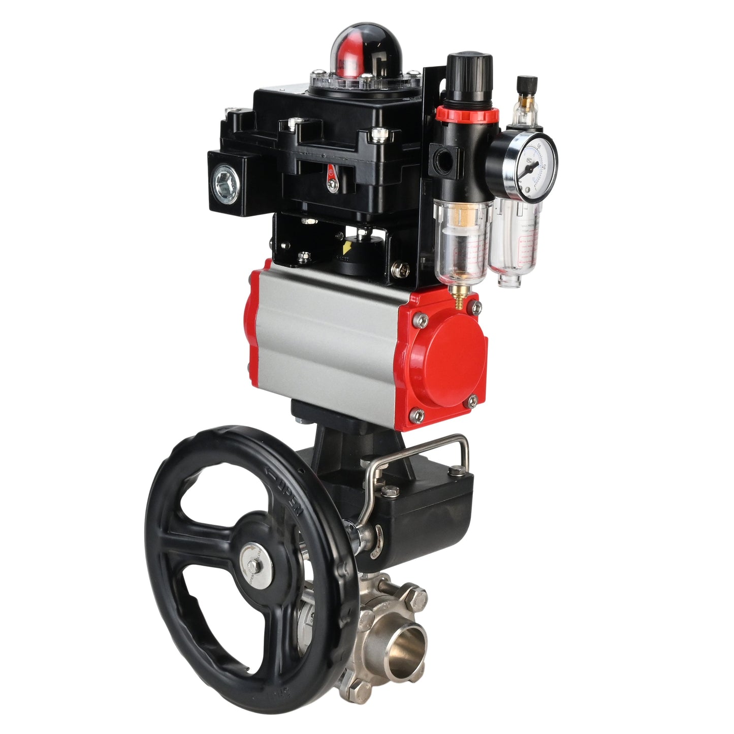 Stainless steel ball valve DNOVA BVPP 316.200-ISO PSI914 SS316 full port, for welding, body material - stainless steel, pneumatic actuator DNOVA DA, pneumatic distributor 4M310-08 220 V, limit switch block APL-410N EX, manual override HDM, air